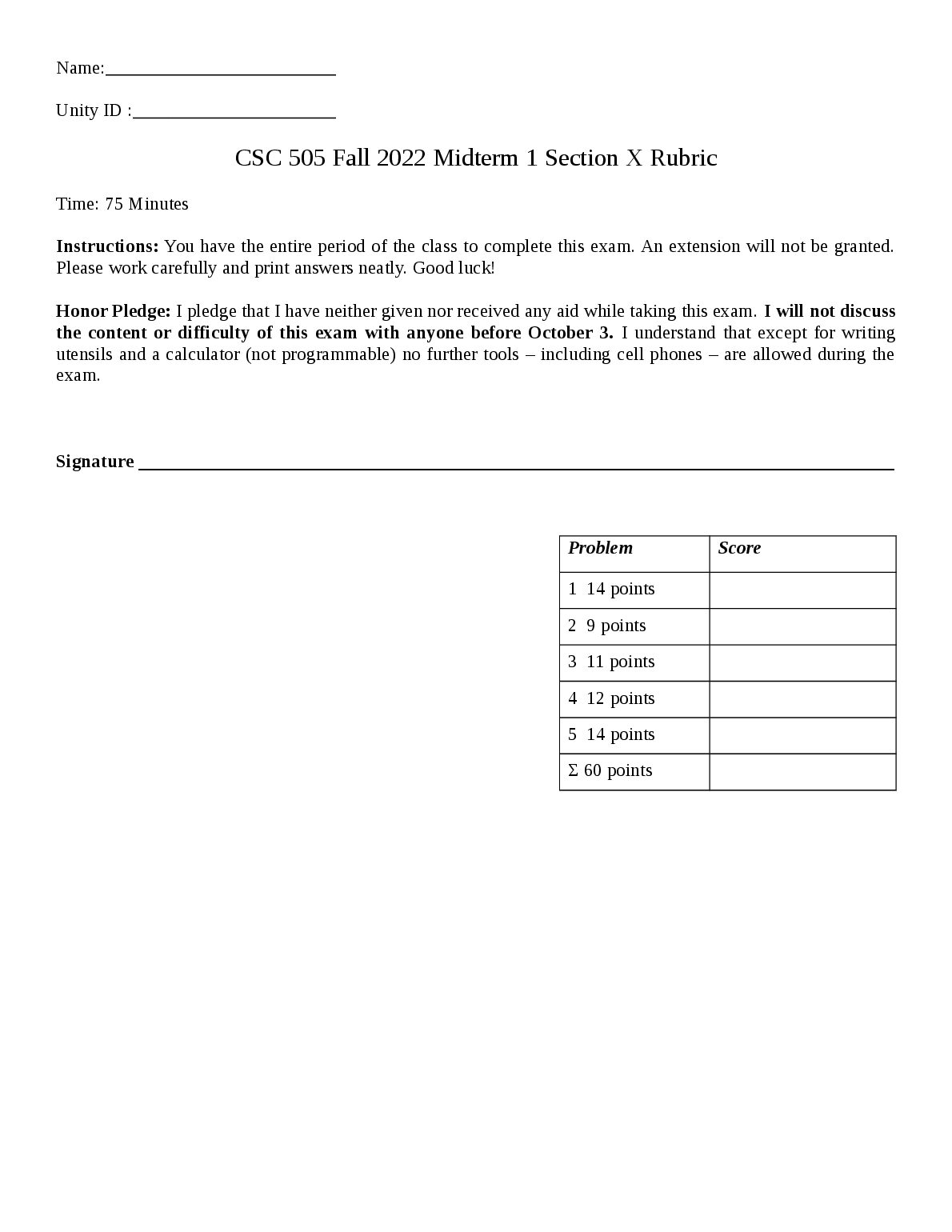 CSC 505 Midterm 1 Section X Rubric SOLUTIONS preview image