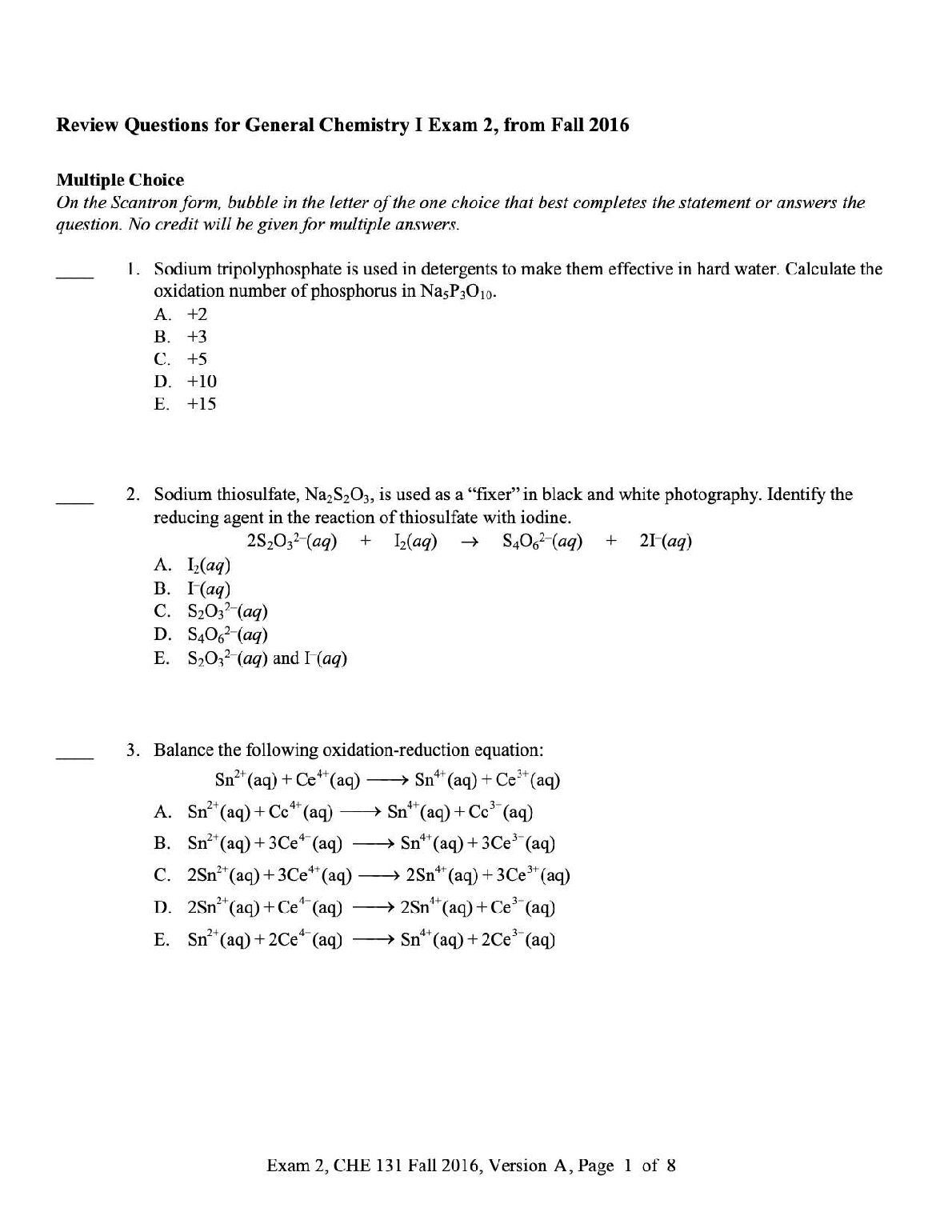 CHE 131 General Chemistry IB   Exam 2 preview image