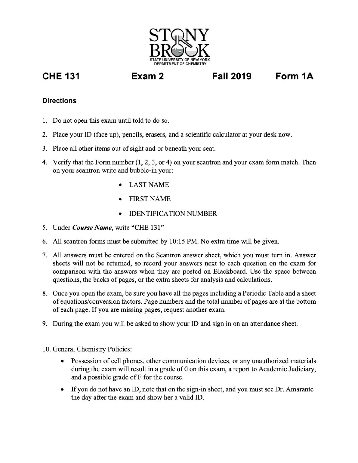 CHE 131 General Chemistry IB Exam 2   Form 1A preview image