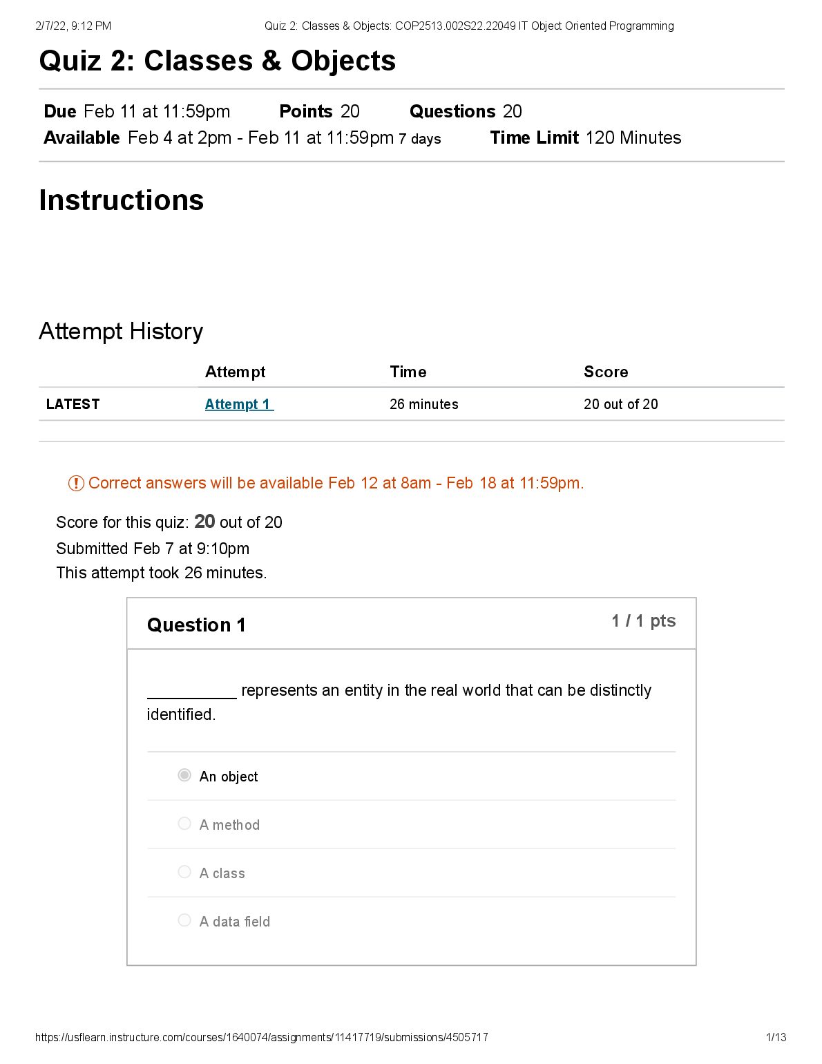 COP 2513  Quiz 2: Classes & Objects IT Object Oriented Programming preview image
