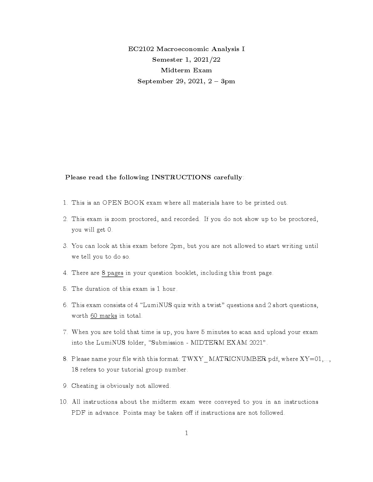 EC2102 Macroeconomic Analysis I MidtermExam preview image