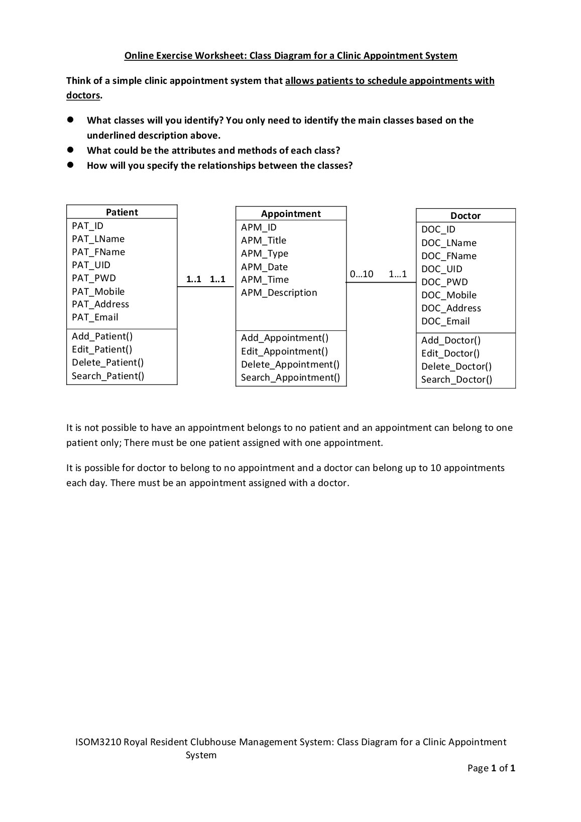 Online Exercise Worksheet_Class Diagram for a Clinic Appointment System. preview image