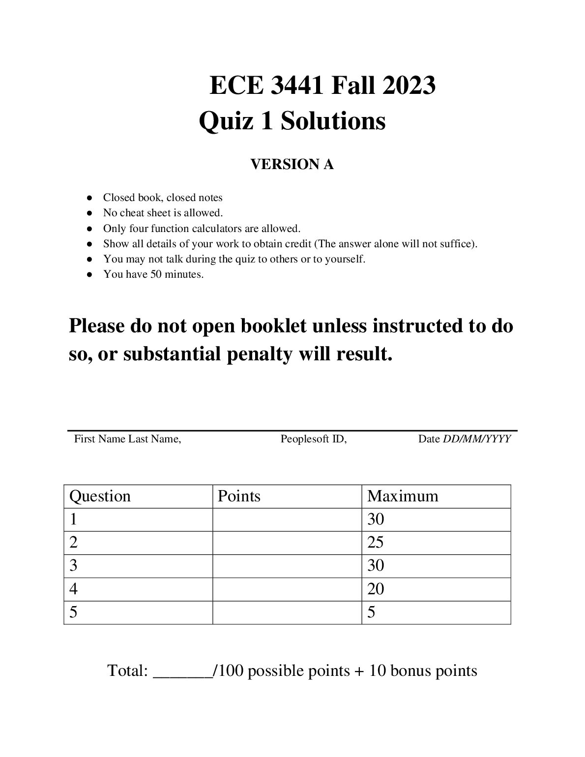 ECE 3441 Fall 2023 Quiz 1 Solutions VERSION A preview image