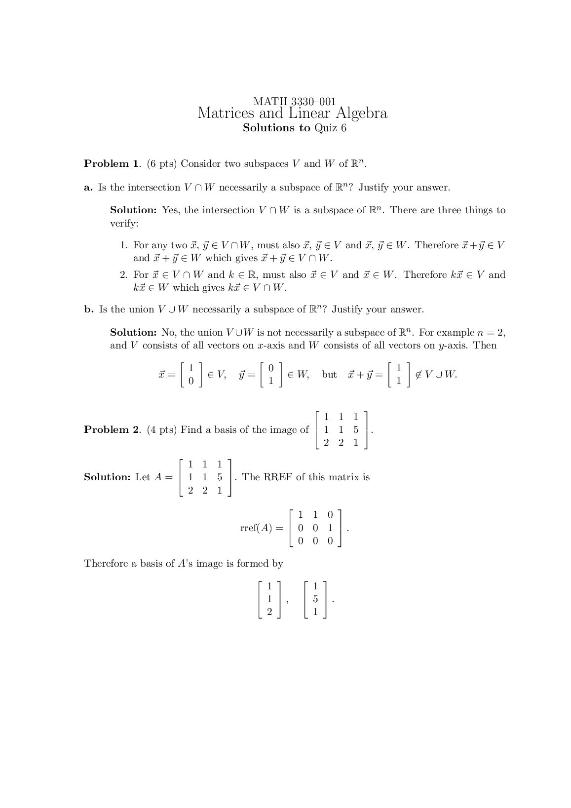 MATH 3330  Matrices and Linear Algebra  Solutions to Quiz 6 preview image
