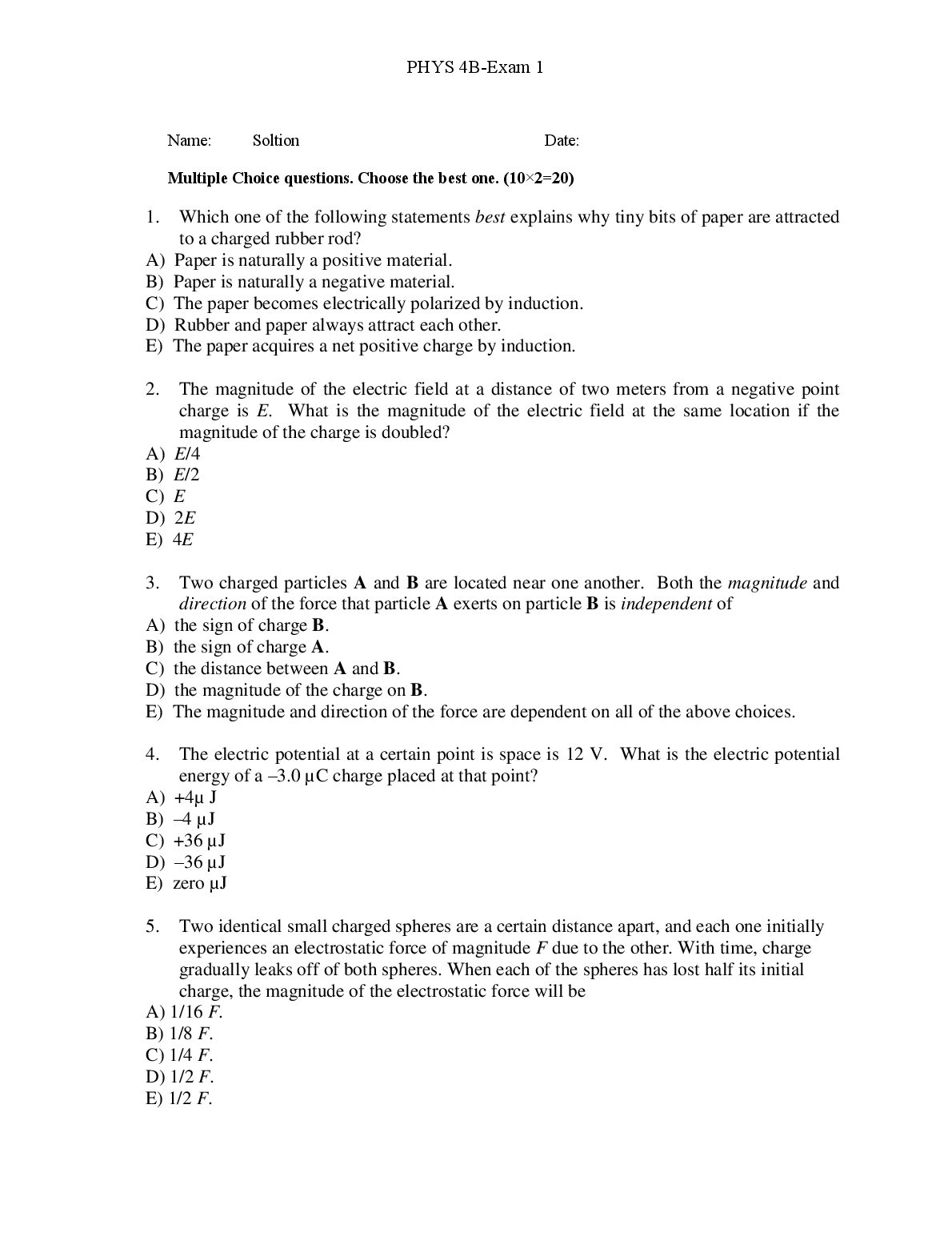 PHYS 4B-Exam 1 solutions preview image